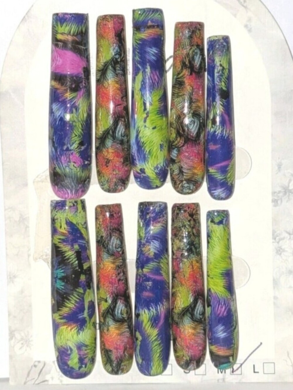 Hand CRAFTED 3xl Custom Colorful Feathered Press-On Nails  Sz M